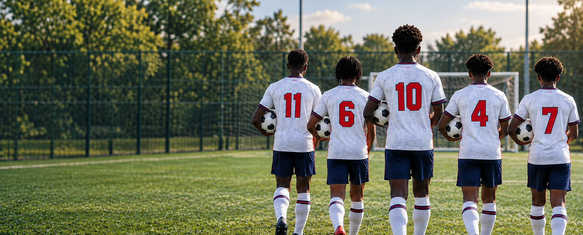 Five young football players wearing numbered white club shirts and holding footballs