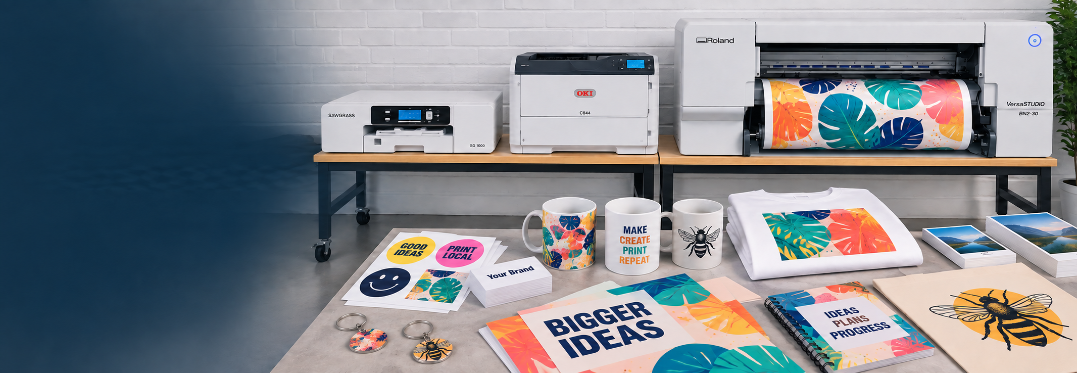 Sawgrass SG1000, OKI C844 and Roland VersaSTUDIO BN2-30 printers with colourful printed products