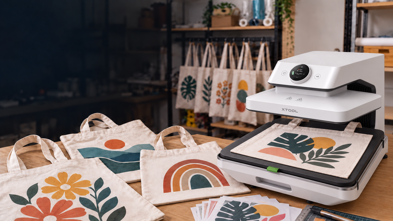 xTool heat press with colourful personalised tote bags ready for small-batch production