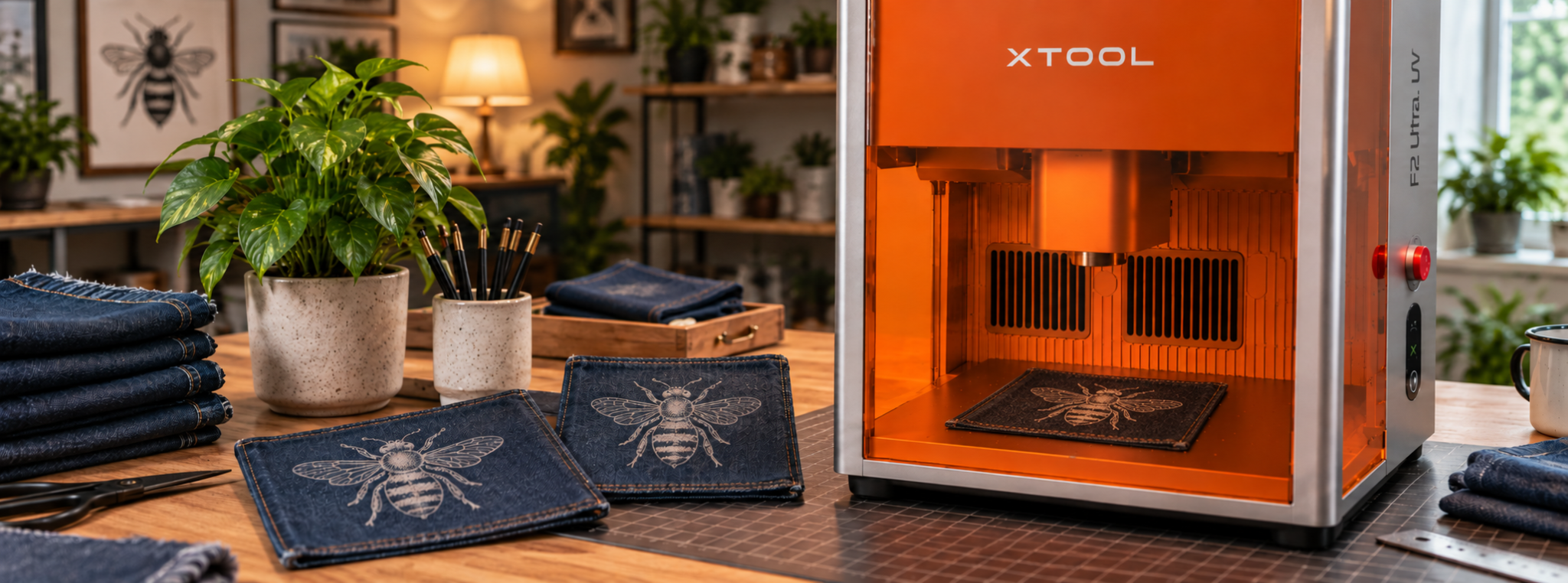 xTool F2 Ultra UV laser with etched bee samples laid flat on its internal bed and worktable